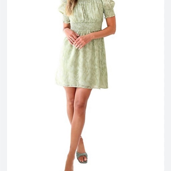 Adelyn Rae Chiffon Smocked Mini Dress puff Sleeve Babydoll Green Medium - Picture 2 of 15